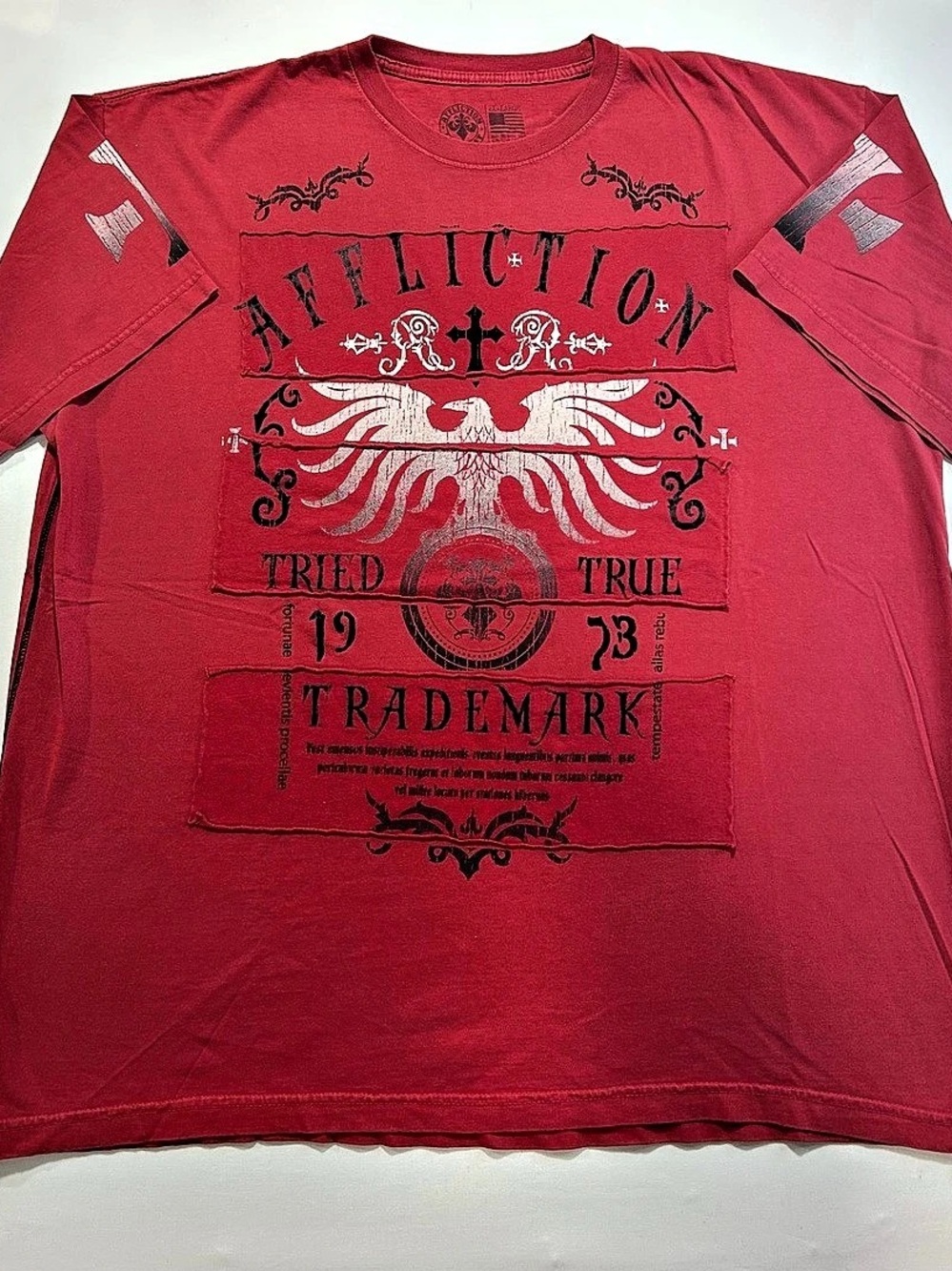 Vtg Affliction Graphic Tee 2XL Red Tried & True Eagle Patchwork Cyber Y2K